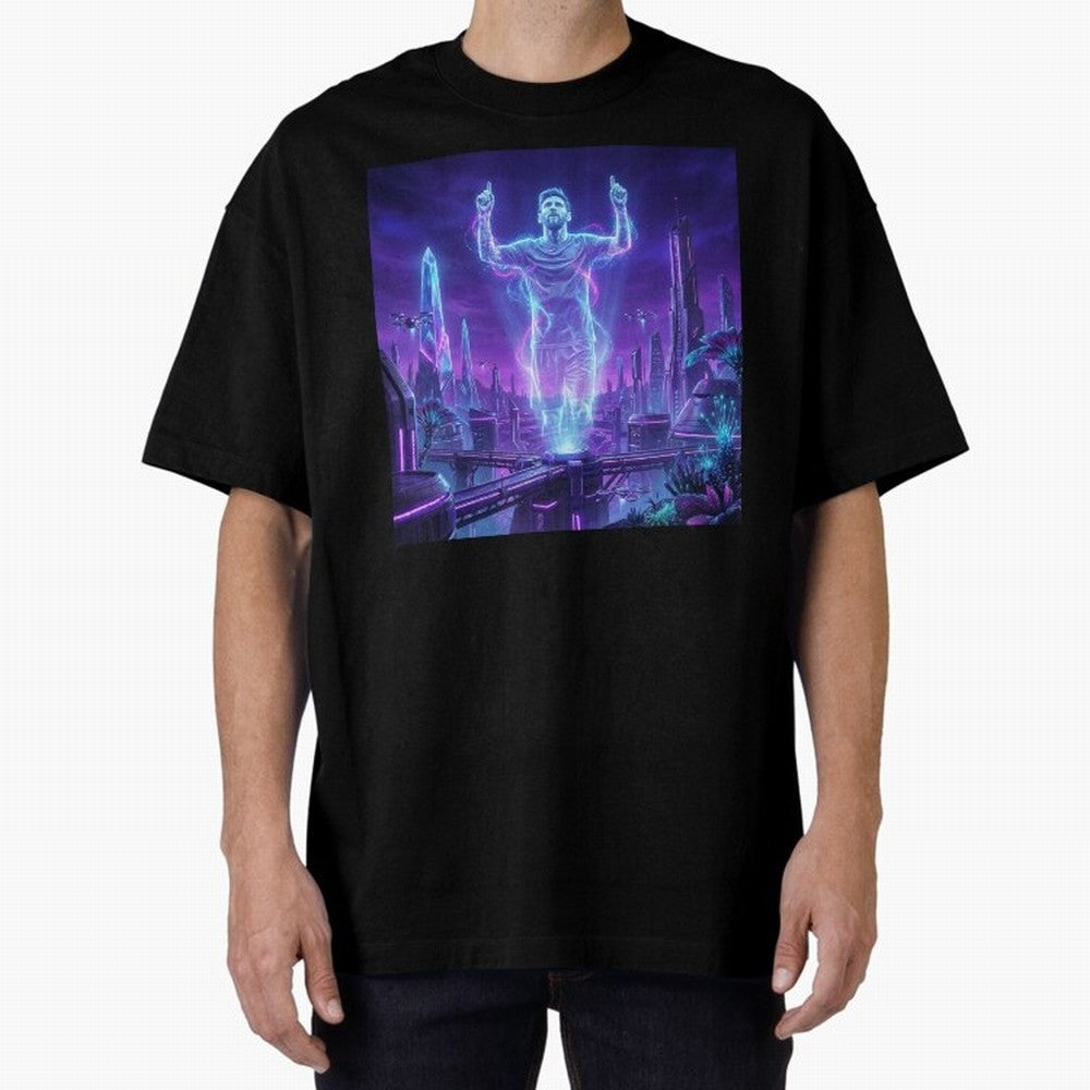 Lionel Messi (GOAT) Hologram in Futuristic Cyberpunk City (Version 2) Classic T-Shirt Keep the Legacy of FIFA World Cup 2026 Group Stage Connected to CR7, England Energy, Goal Celebration Energy, Supporter Heritage, Football Icons and Worldwide