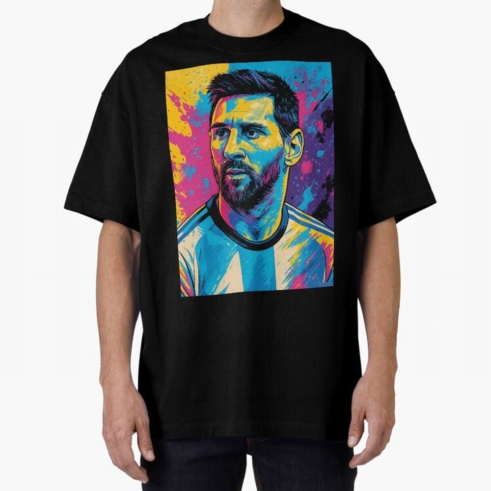 Messi Pop Art Portrait Oversized T-Shirt Fuel the Hype around FIFA World Cup 2026 Group Stage for Fans of Cristiano Ronaldo and Brazil, Bringing Global Supporter Spirit, Legendary Goals, National Colors and Tournament Celebration; Perfect for