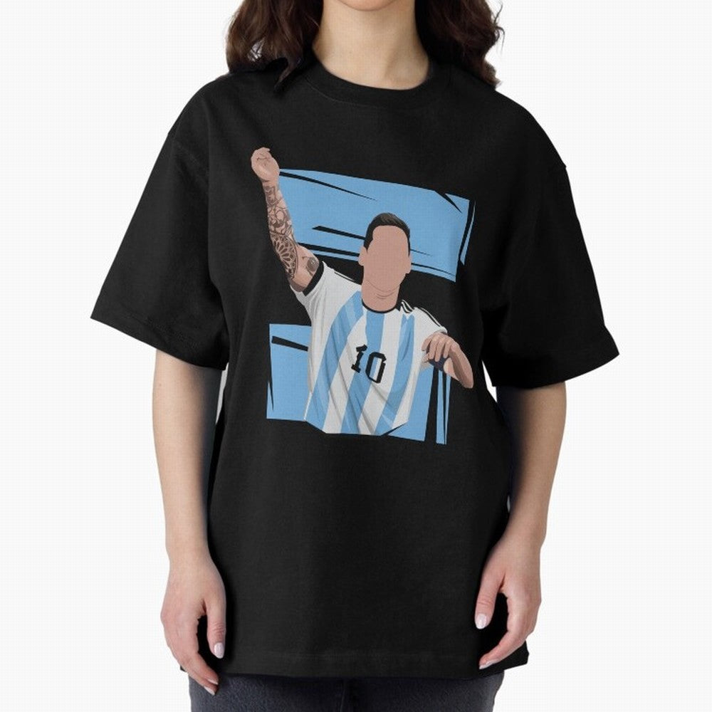 Messi Singing with Crowd World Cup 2022 Oversized T-Shirt Discover the FIFA World Cup 2026 Group Stage Journey through Messi Highlights, Argentina, France and Brazil Pride, Sports Nostalgia, International Competition, Famous Players and