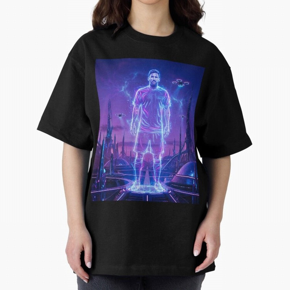 Lionel Messi (GOAT) Hologram in Futuristic Cyberpunk City (Version 4) Classic T-Shirt Relive the Noise and Pride of the FIFA World Cup 2026 Group Stage Journey through Mbappe Highlights, Netherlands Pride, Global Supporter Spirit, Legendary Goals,
