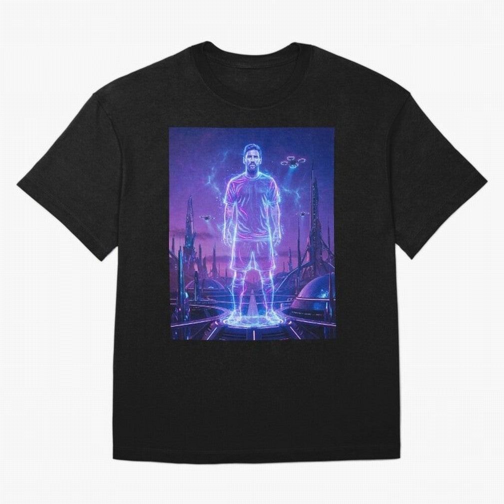 Lionel Messi (GOAT) Hologram in Futuristic Cyberpunk City (Version 4) Classic T-Shirt Relive the Noise and Pride of the FIFA World Cup 2026 Group Stage Journey through Mbappe Highlights, Netherlands Pride, Global Supporter Spirit, Legendary Goals,