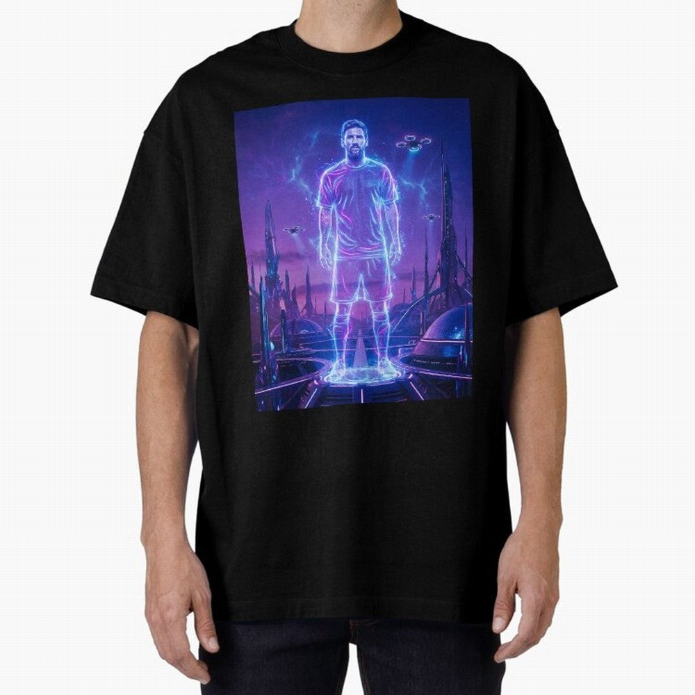 Lionel Messi (GOAT) Hologram in Futuristic Cyberpunk City (Version 4) Classic T-Shirt Relive the Noise and Pride of the FIFA World Cup 2026 Group Stage Journey through Mbappe Highlights, Netherlands Pride, Global Supporter Spirit, Legendary Goals,