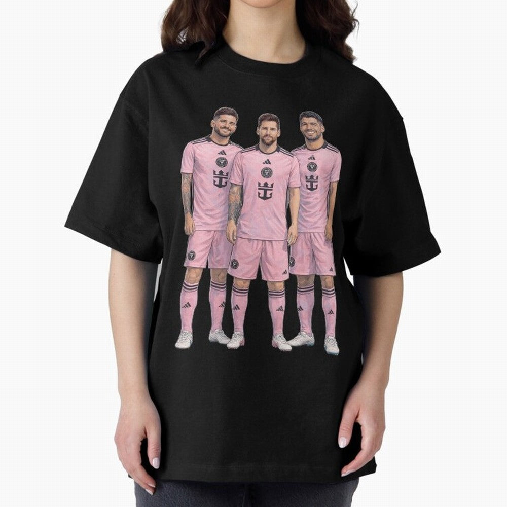 Messi, De Paul and Suarez Inter Miami artistic style ¨C MLS Soccer Oversized T-Shirt Celebrate the Stars of the FIFA World Cup 2026 USA Canada Mexico Journey through Messi, Neymar and Mbappe Highlights, France and Portugal Pride, Classic Soccer