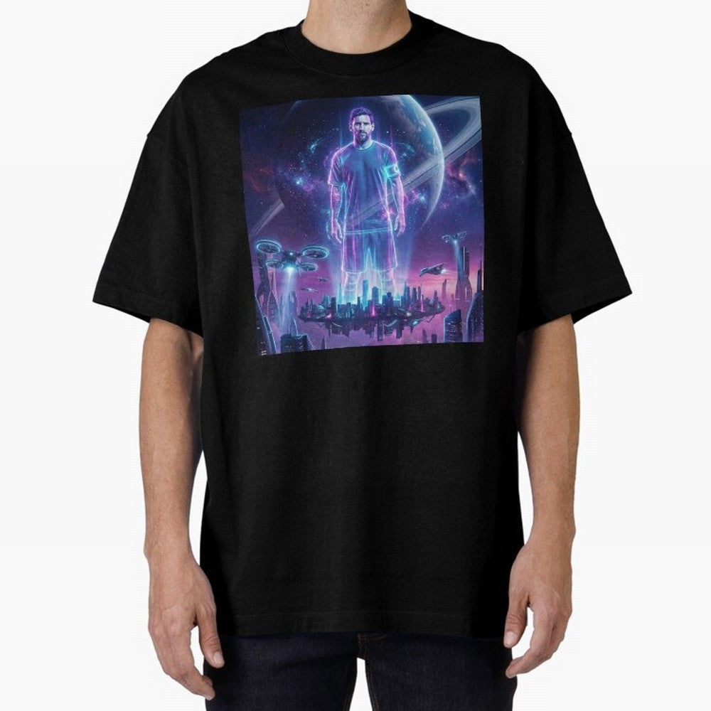 Lionel Messi (GOAT) Hologram in Futuristic Cyberpunk City (Version 3) Classic T-Shirt Treasure Match Day Hype around FIFA World Cup 2026, Cristiano Ronaldo, Argentina, France and Brazil, Global Supporter Spirit, Legendary Goals, National Colors and