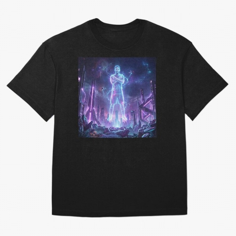 Lionel Messi (GOAT) Hologram in Futuristic Cyberpunk City Classic T-Shirt Refresh FIFA World Cup 2026 USA Canada Mexico Made for Neymar, Argentina, France and Brazil Energy, Classic Soccer Heritage, Championship Pressure, Fan Loyalty and