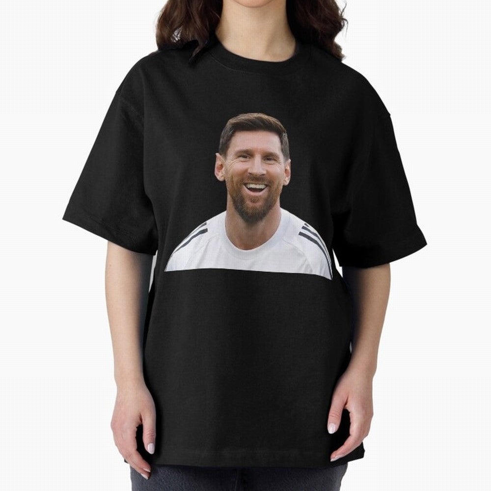 Lionel Messi smiling Oversized T-Shirt Follow FIFA World Cup 2026 USA Canada Mexico Spirit, Filled with Portugal, Spain and Germany, Haaland and Mbappe, Stadium Chants, National Pride, Trophy Dreams and Unforgettable Football Memories; Perfect for