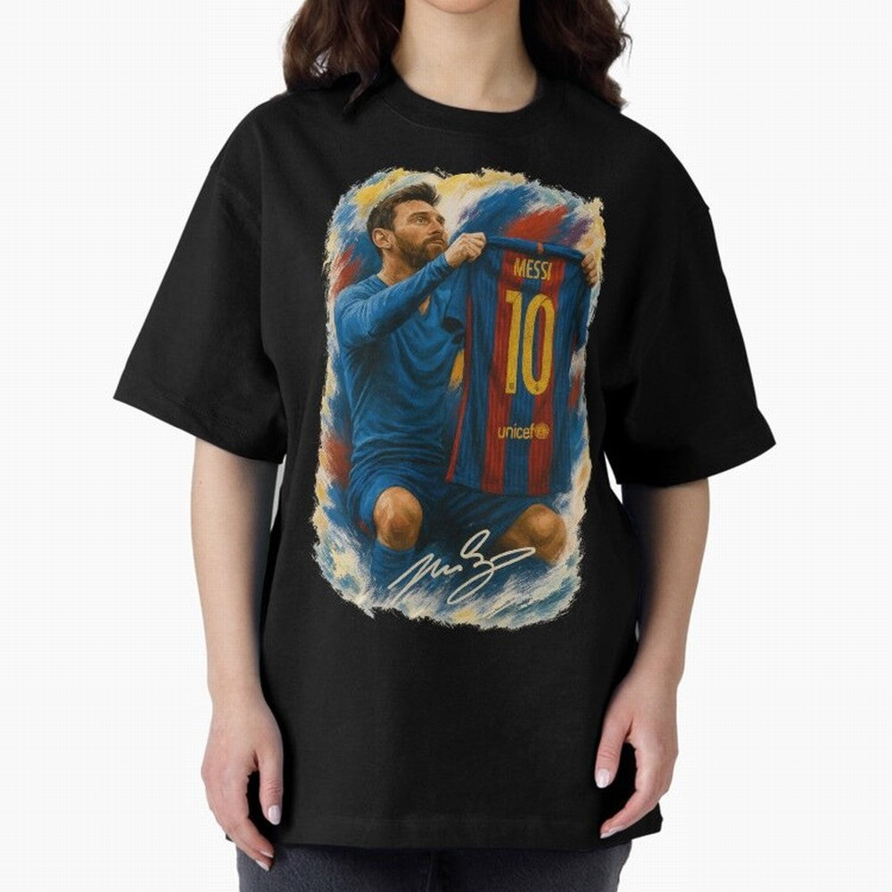 Messi Shirt Celebration Poster ¨C Iconic FC Barcelona Number 10 Artwork Oversized T-Shirt Fuel the Hype around Match Day Hype around FIFA World Cup 2026 Group Stage, Haaland, Germany, Retro Football Energy, Iconic Rivalries, Trophy Chase Drama and