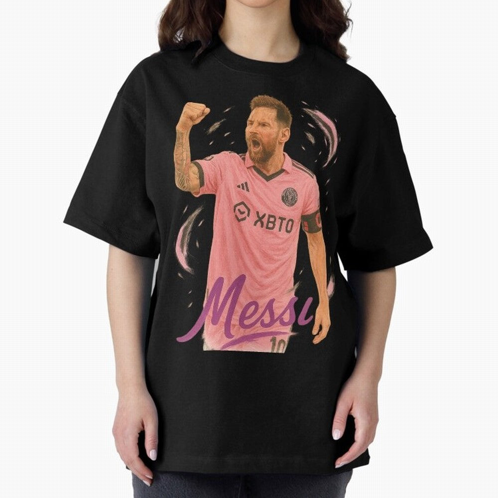 Lionel Messi Inter Miami Art ¨C Pink Jersey Football Icon Tribute	 Oversized T-Shirt Experience the Global Stage of the FIFA World Cup 2026 Group Stage Journey through Neymar Highlights, England and Germany Pride, Game Day Rituals, Football
