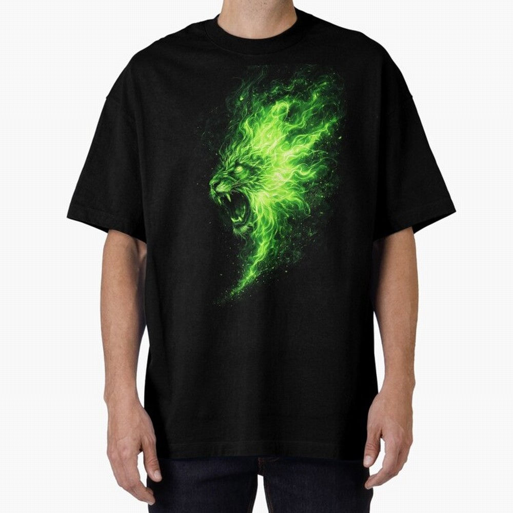 Neon Green Flame Lion ¨C Glowing Fire Roar Beast Graphic | Dark Aesthetic Streetwear Design Graphic T-Shirt Bring the FIFA World Cup 2026 USA Canada Mexico Journey through CR7 and Messi Highlights, Netherlands Pride, Game Day Rituals, Football