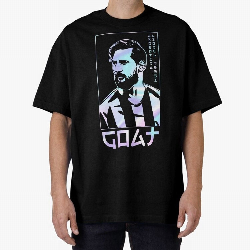 Lionel Messi Holographic Style Portrait art illustration Premium T-Shirt Follow the Road to the FIFA World Cup 2026 USA Canada Mexico Journey through Cristiano Ronaldo, Haaland and CR7 Highlights, Argentina, France and Brazil Pride, Football