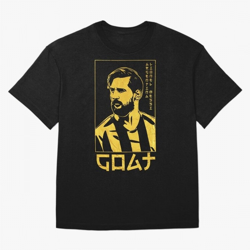 Lionel Messi Golden Style Portrait art illustration Premium T-Shirt Stand with Global Football Passion for FIFA World Cup 2026 Group Stage, Celebrating Cristiano Ronaldo, Portugal, Championship Spirit, Famous Goals, Roaring Crowds and International