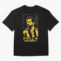 Lionel Messi Golden Style Portrait art illustration Premium T-Shirt Stand with Global Football Passion for FIFA World Cup 2026 Group Stage, Celebrating Cristiano Ronaldo, Portugal, Championship Spirit, Famous Goals, Roaring Crowds and International