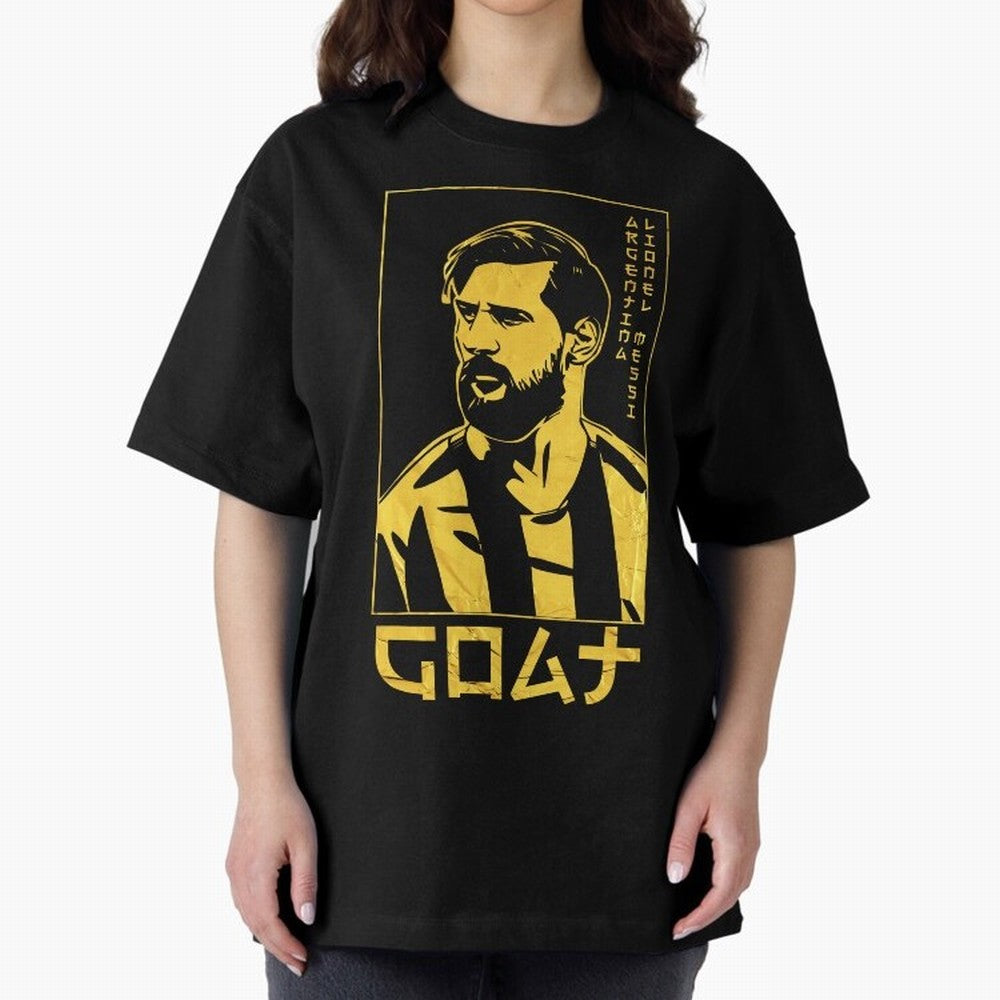 Lionel Messi Golden Style Portrait art illustration Premium T-Shirt Stand with Global Football Passion for FIFA World Cup 2026 Group Stage, Celebrating Cristiano Ronaldo, Portugal, Championship Spirit, Famous Goals, Roaring Crowds and International