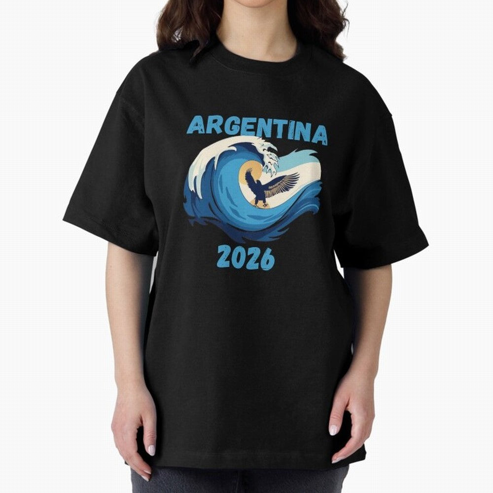 Camiseta y Calcoman¨ªa Argentina - Dise?o Bandera Albiceleste para Hinchas. Oversized T-Shirt Celebrate Rivalries and Pride in FIFA World Cup 2026 Group Stage Filled with Messi, CR7 and Mbappe, Brazil Energy, Stadium Chants, National Pride, Trophy