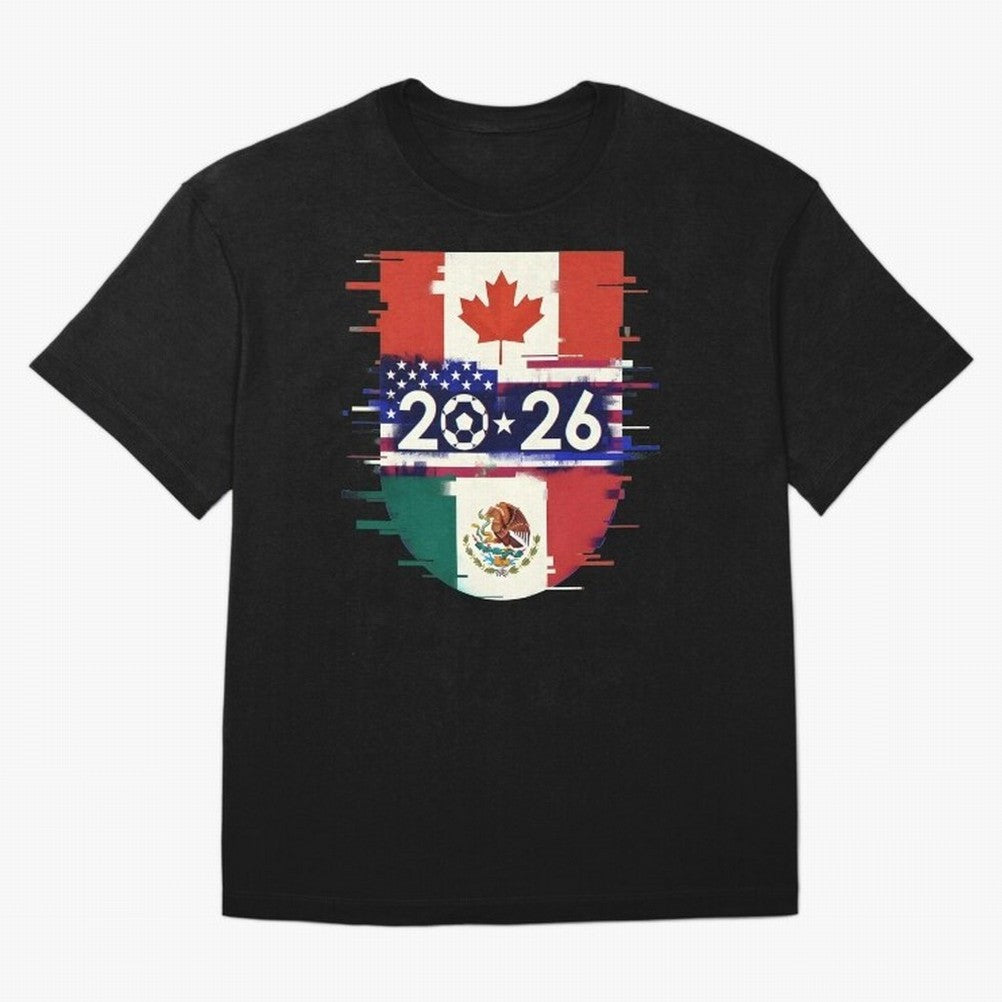 Glitched United 2026 - North America Emblem Cup Classic T-Shirt Follow the Final Road of FIFA World Cup 2026 USA Canada Mexico Spirit, Driven by Brazil, Portugal and Argentina, Cristiano Ronaldo, Stadium Memories, Football Loyalty, International