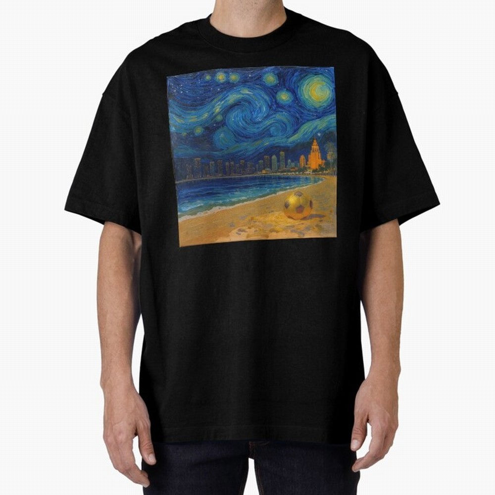 Golden Miami Starry Night Beach Soccer Fine Art Print Impasto Oil Painting Classic T-Shirt Stand with FIFA World Cup 2026 USA Canada Mexico Spirit, Highlighting England, Neymar, Haaland and Cristiano Ronaldo, Retro Football Energy, Iconic