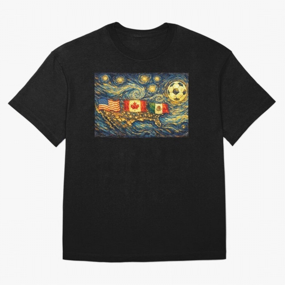 North America Soccer Starry Night Dreamy and Swirls Inspired from Van Gogh Classic T-Shirt Carry FIFA World Cup 2026 Group Stage for Fans of Neymar, Haaland and Cristiano Ronaldo and England and Germany, Bringing Football Passion, Legendary