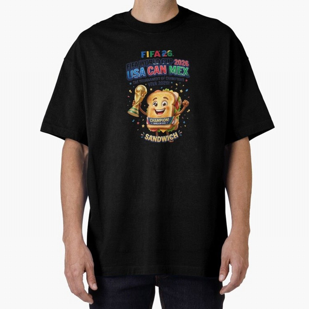 Cartoon Sandwich Champion Holding 2026 World Cup Trophy Classic T-Shirt Feel the Trophy Chase of FIFA World Cup 2026 USA Canada Mexico for Fans of Messi and Cristiano Ronaldo and Spain, Bringing Soccer Culture, Superstar Moments, National Team