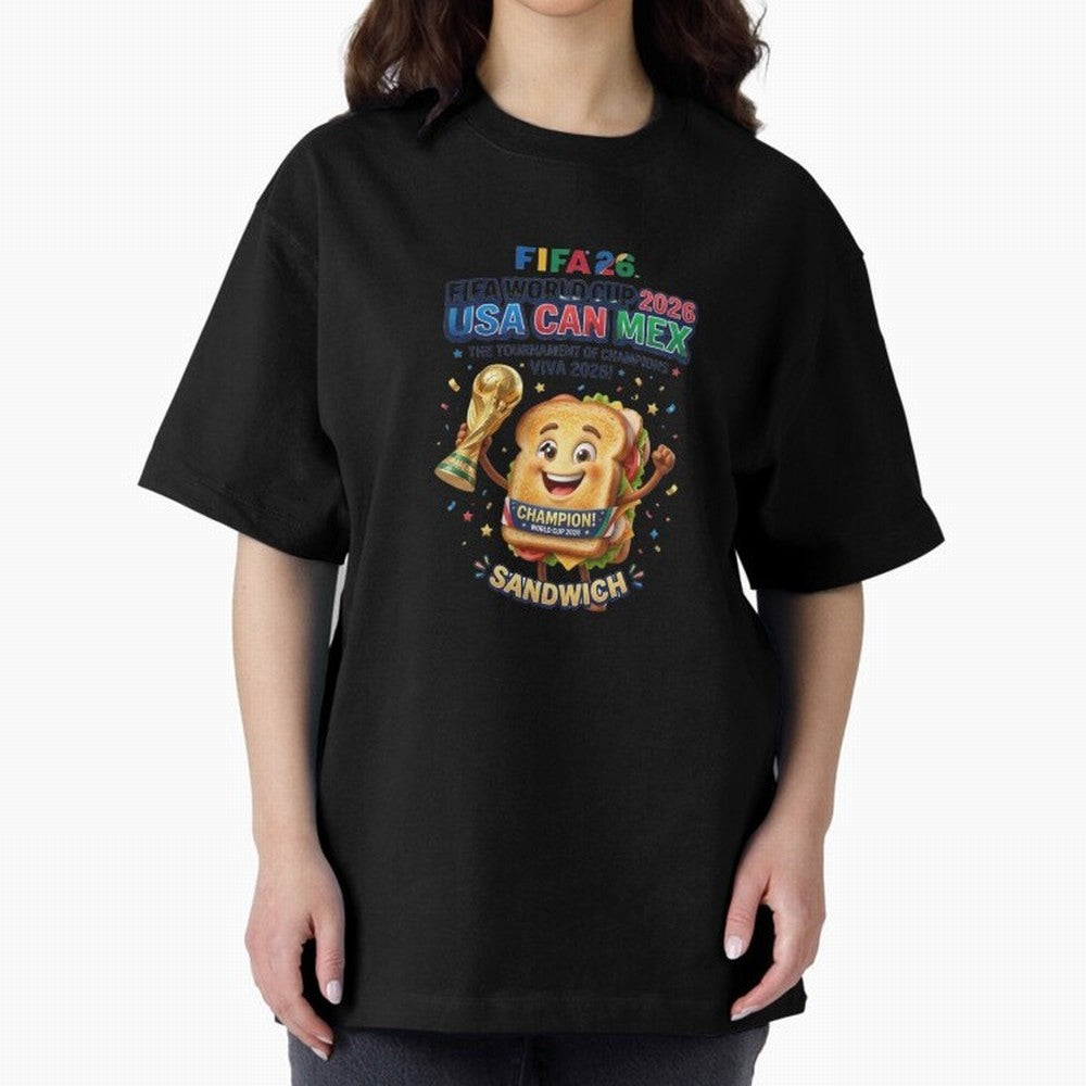 Cartoon Sandwich Champion Holding 2026 World Cup Trophy Classic T-Shirt Feel the Trophy Chase of FIFA World Cup 2026 USA Canada Mexico for Fans of Messi and Cristiano Ronaldo and Spain, Bringing Soccer Culture, Superstar Moments, National Team