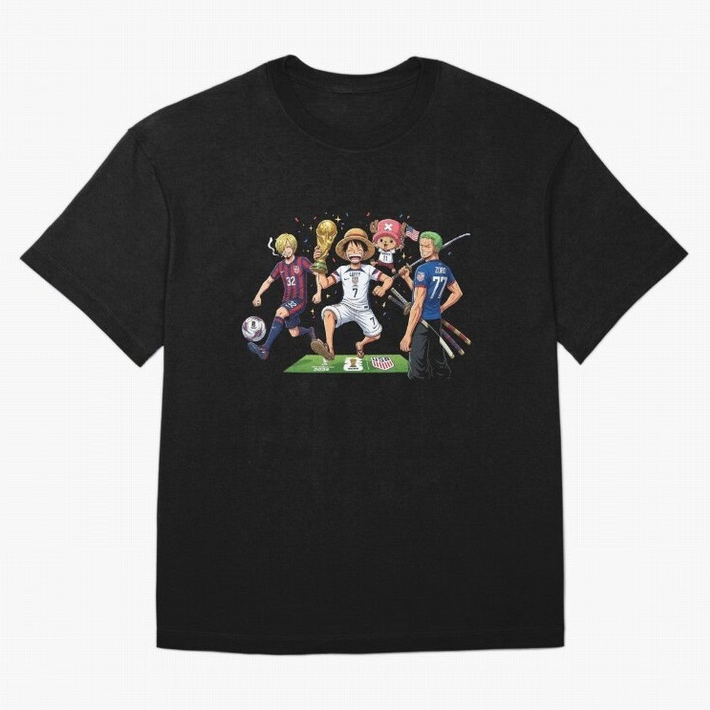 One Piece Characters Celebrating World Cup 2026 USA Classic T-Shirt Fuel the Hype around Global Football Passion for FIFA World Cup 2026 Group Stage, Featuring Messi, Neymar and Mbappe, Germany, Worldwide Fan Energy, Dramatic Goals, Stadium Lights