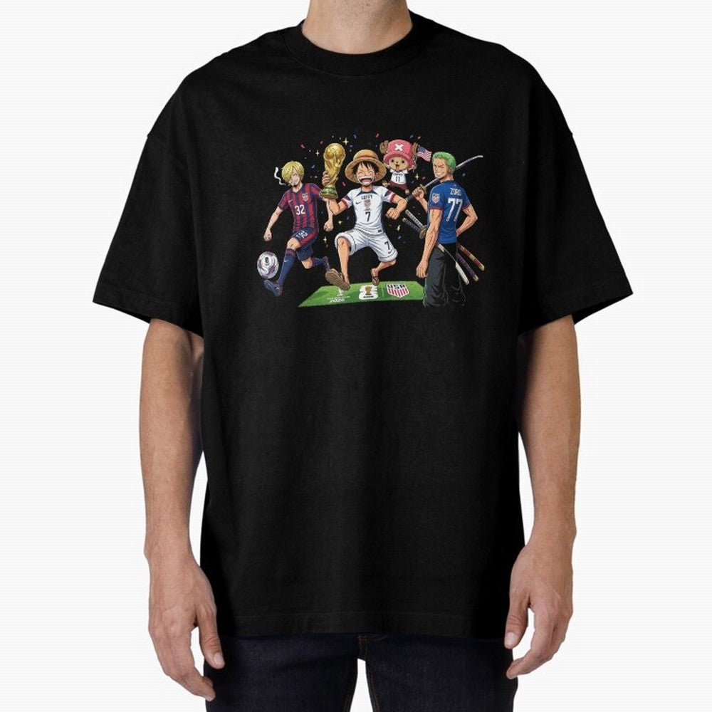 One Piece Characters Celebrating World Cup 2026 USA Classic T-Shirt Fuel the Hype around Global Football Passion for FIFA World Cup 2026 Group Stage, Featuring Messi, Neymar and Mbappe, Germany, Worldwide Fan Energy, Dramatic Goals, Stadium Lights