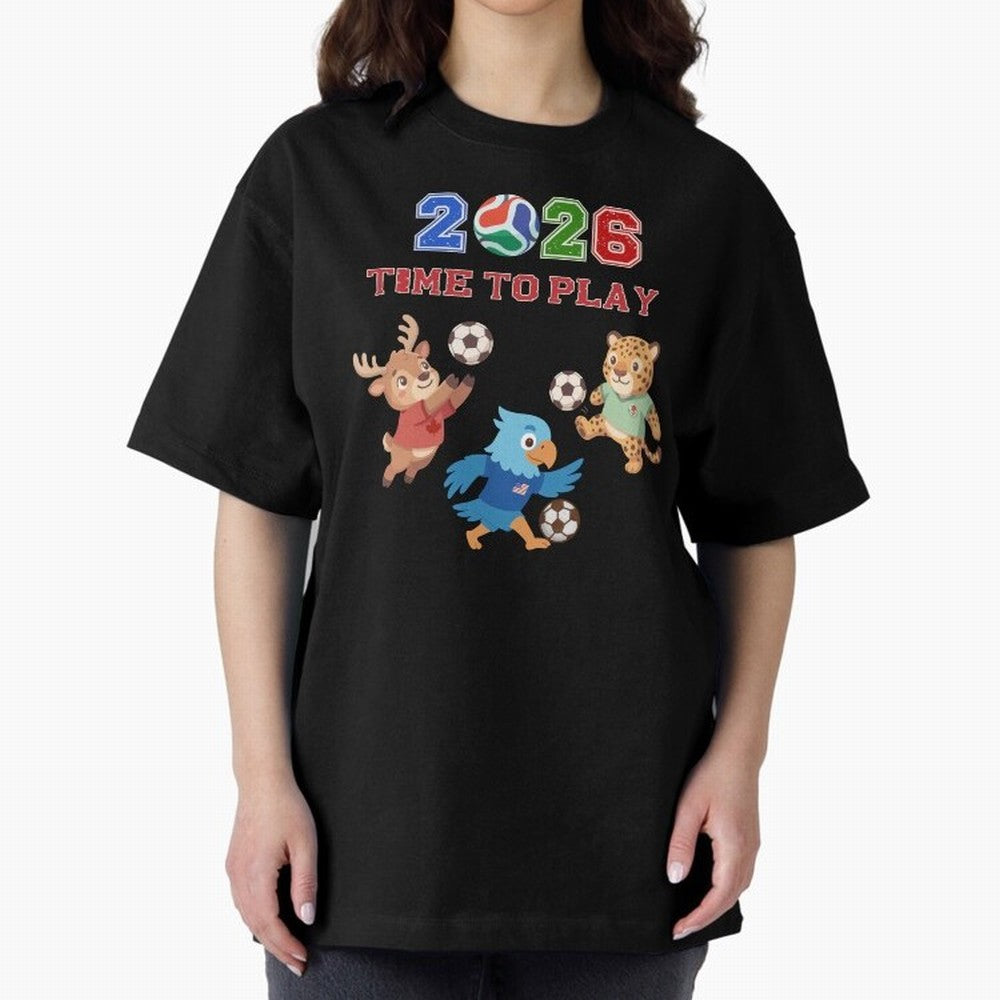 Soccer Mascots 2026 USA Mexico Canada Time To Play Oversized T-Shirt Show Your Tournament Heart for Global Football Passion for FIFA World Cup 2026 USA Canada Mexico, Highlighting Messi, CR7 and Mbappe, France, Goal Celebration Energy, Supporter