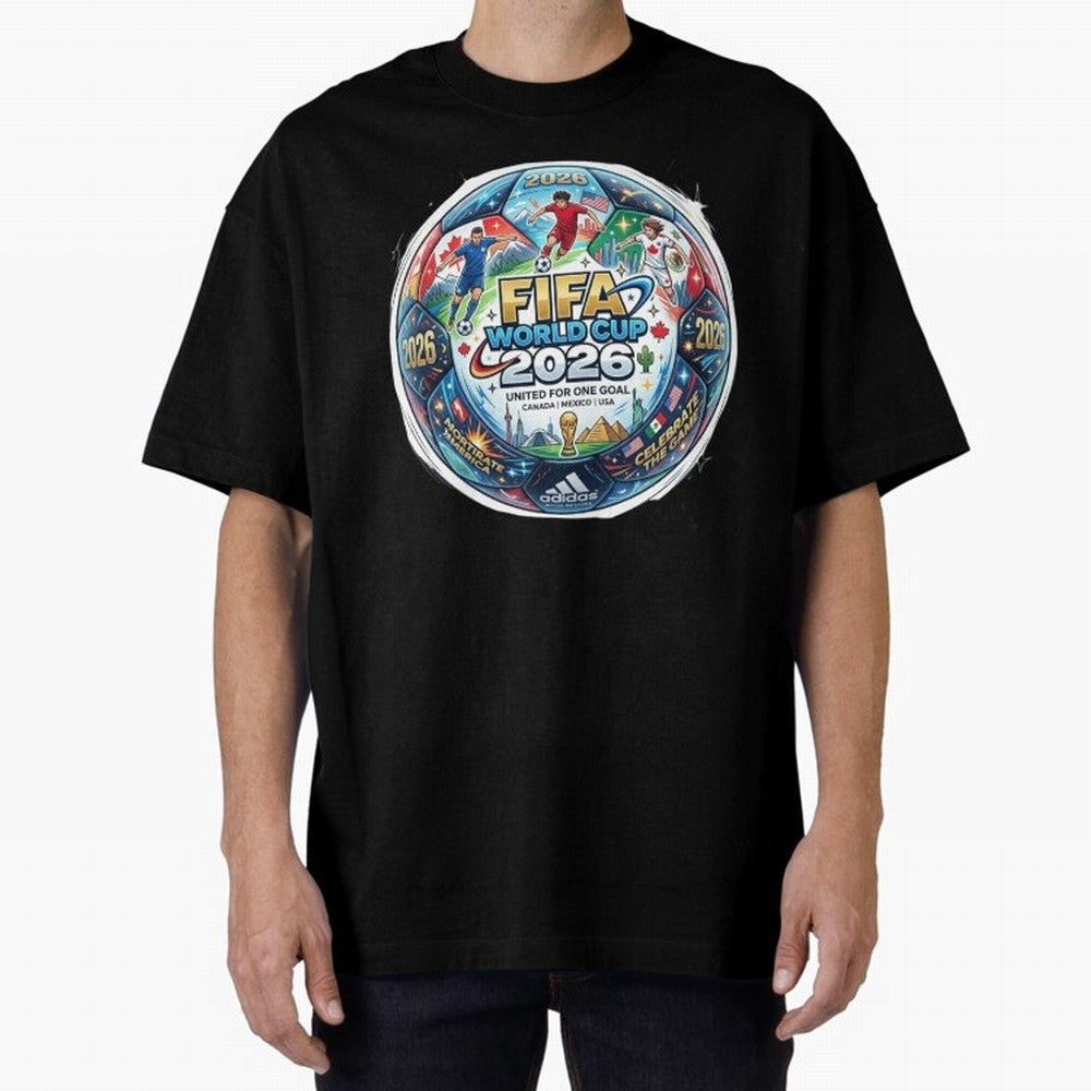 FIFA World Cup 2026 Official Match Ball Concept Art - Canada Mexico USA Oversized T-Shirt Enjoy FIFA World Cup 2026 Featuring Mbappe, France and Portugal Energy, Tournament Hype, Historic Matchups, Family Viewing Parties and Global Sports Pride;