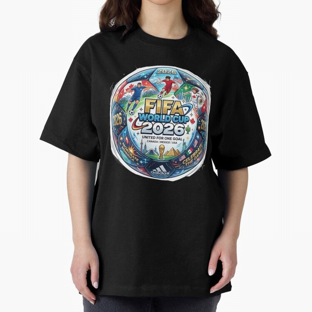 FIFA World Cup 2026 Official Match Ball Concept Art - Canada Mexico USA Oversized T-Shirt Enjoy FIFA World Cup 2026 Featuring Mbappe, France and Portugal Energy, Tournament Hype, Historic Matchups, Family Viewing Parties and Global Sports Pride;