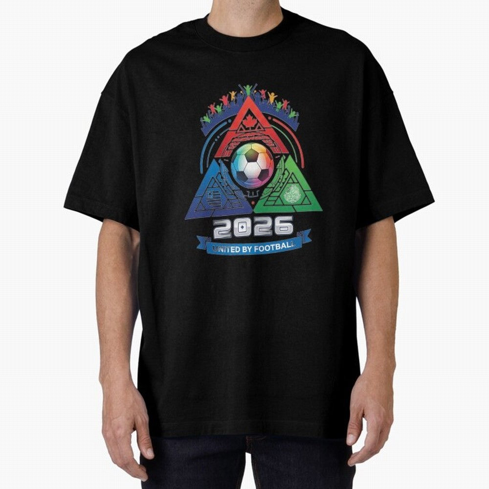 Triangular United By Football World Cup 2026 Emblem Oversized T-Shirt Feel the Trophy Chase of Match Day Hype around FIFA World Cup 2026 Group Stage, Messi, Neymar and Mbappe, Spain, Championship Spirit, Famous Goals, Roaring Crowds and