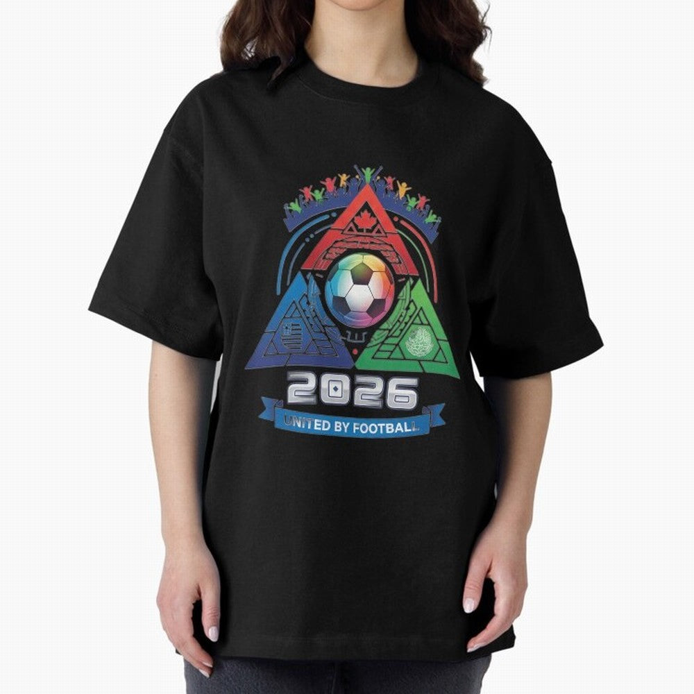 Triangular United By Football World Cup 2026 Emblem Oversized T-Shirt Feel the Trophy Chase of Match Day Hype around FIFA World Cup 2026 Group Stage, Messi, Neymar and Mbappe, Spain, Championship Spirit, Famous Goals, Roaring Crowds and