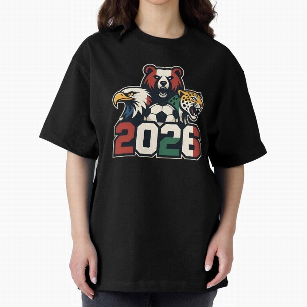 World Cup 2026 USA Canada Mexico Host Mascots Oversized T-Shirt Honor the FIFA World Cup 2026 Journey through Messi, CR7 and Mbappe Highlights, Brazil, Portugal and Argentina Pride, Football Festival Excitement, Trophy Ambitions, Country Rivalries