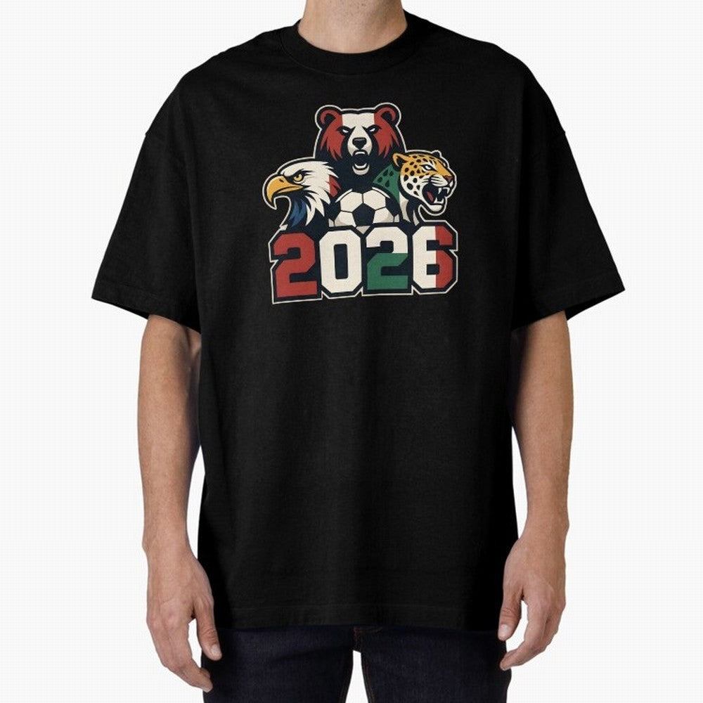 World Cup 2026 USA Canada Mexico Host Mascots Oversized T-Shirt Honor the FIFA World Cup 2026 Journey through Messi, CR7 and Mbappe Highlights, Brazil, Portugal and Argentina Pride, Football Festival Excitement, Trophy Ambitions, Country Rivalries