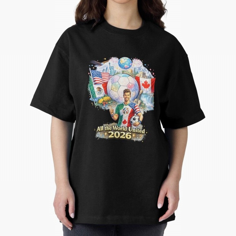 All The World United 2026 Football Design Oversized T-Shirt Back the Journey through FIFA World Cup 2026 Celebrating Cristiano Ronaldo, Argentina and Brazil Energy, Goal Celebration Energy, Supporter Heritage, Football Icons and Worldwide