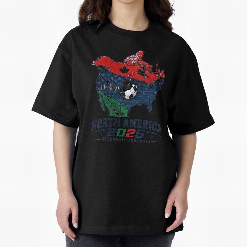 United by Football 2026 North America Soccer Design Oversized T-Shirt Create FIFA World Cup 2026 Centered on Messi, CR7 and Mbappe, Portugal Energy, Football Festival Excitement, Trophy Ambitions, Country Rivalries and Star Player Buzz; Created for