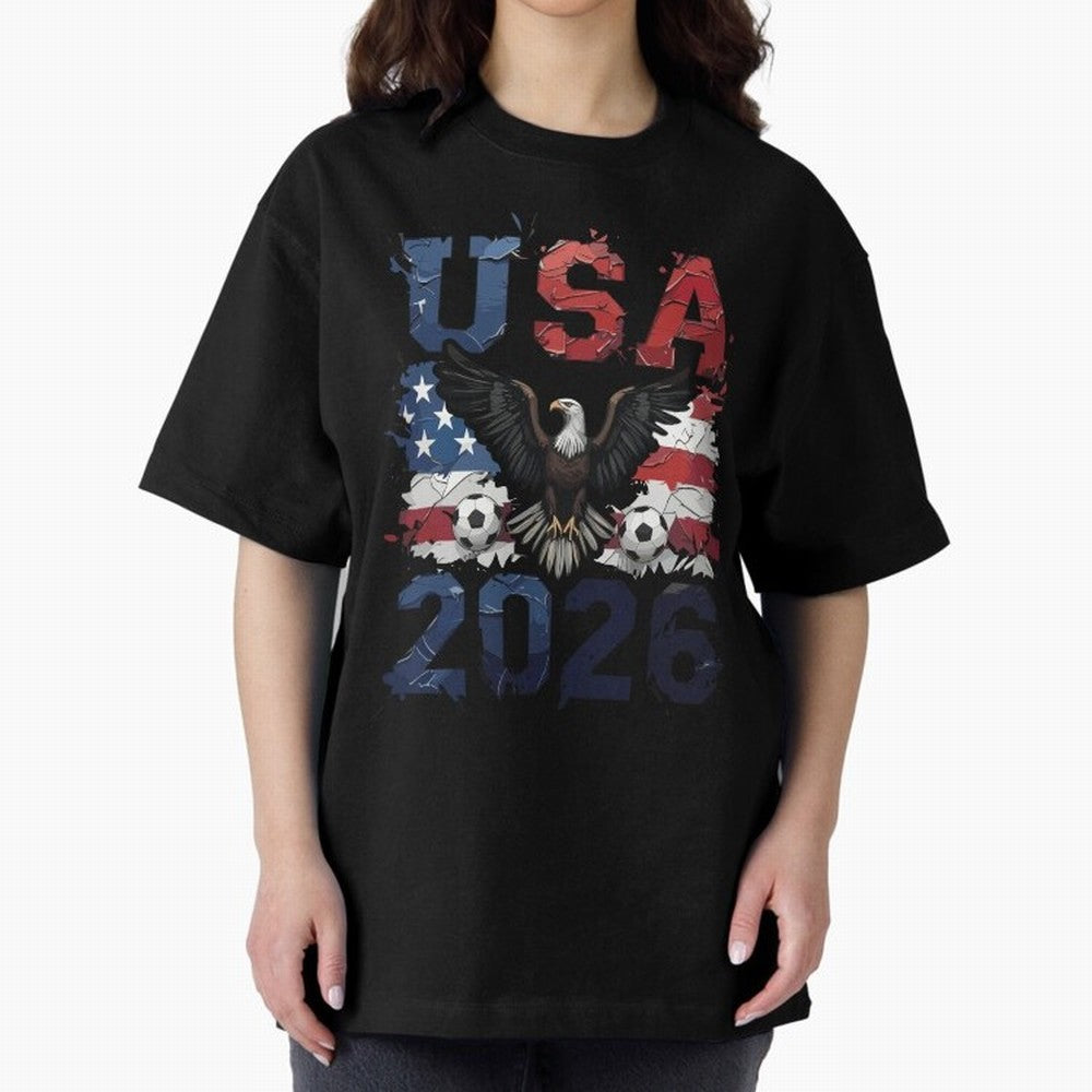 USA 2026 Soccer Eagle - World Cup Football Oversized T-Shirt Make Game Day About Global Football Passion for FIFA World Cup 2026, Centered on Messi, CR7 and Mbappe, Argentina, France and Brazil, Championship Spirit, Famous Goals, Roaring Crowds and