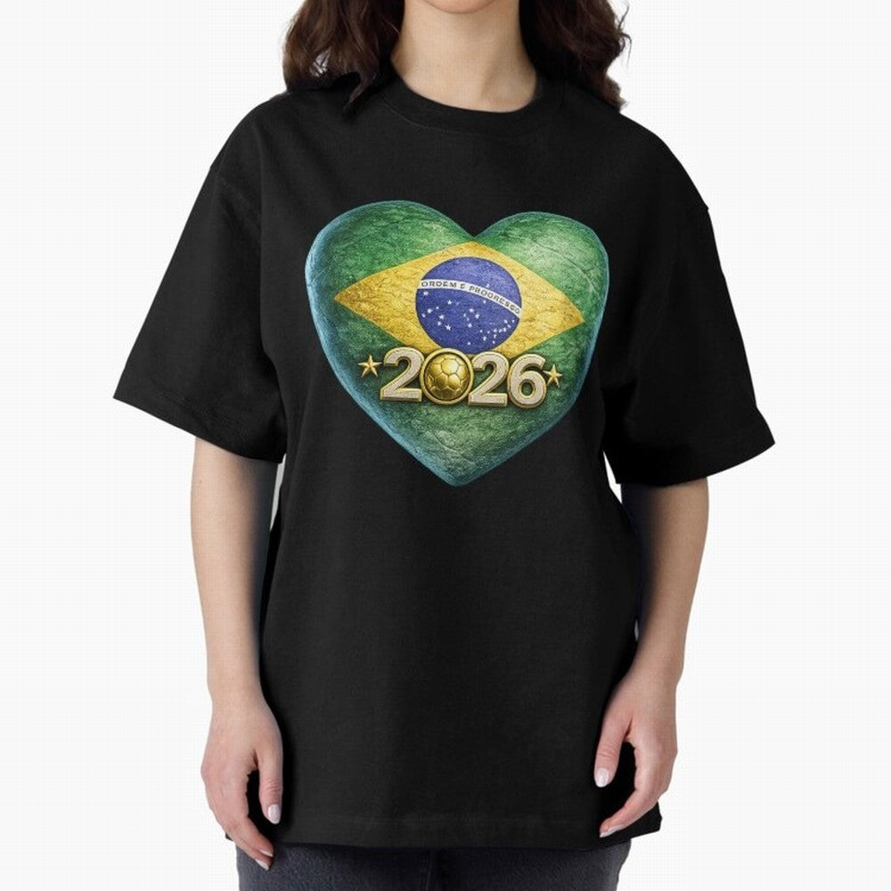 Brazil 2026 World Football Heart Flag Designs Oversized T-Shirt Make Every Kick Count in FIFA World Cup 2026 USA Canada Mexico for Fans of CR7 and Netherlands, Bringing Retro Football Energy, Iconic Rivalries, Trophy Chase Drama and Stadium