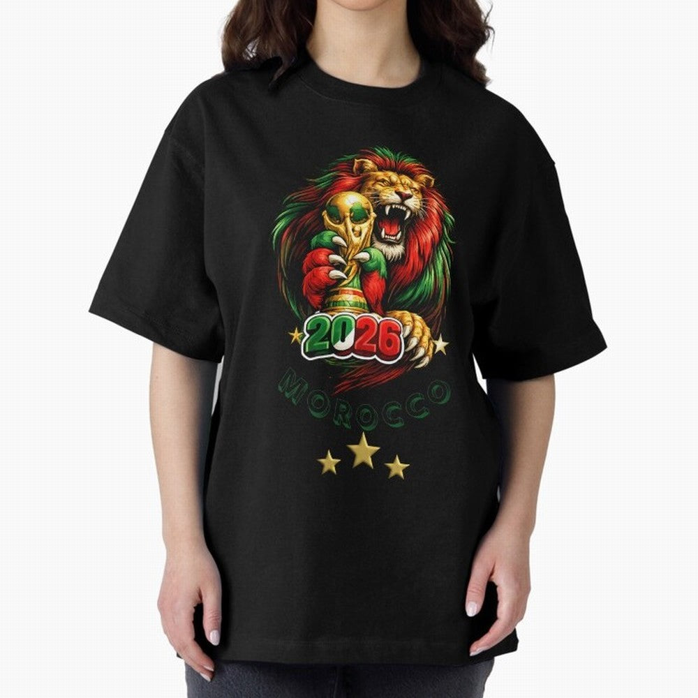 Moroccan Lion World Cup 2026 Design Oversized T-Shirt Show Your Tournament Heart for the FIFA World Cup 2026 Journey through Messi, Neymar and Mbappe Highlights, Argentina Pride, Championship Spirit, Famous Goals, Roaring Crowds and International