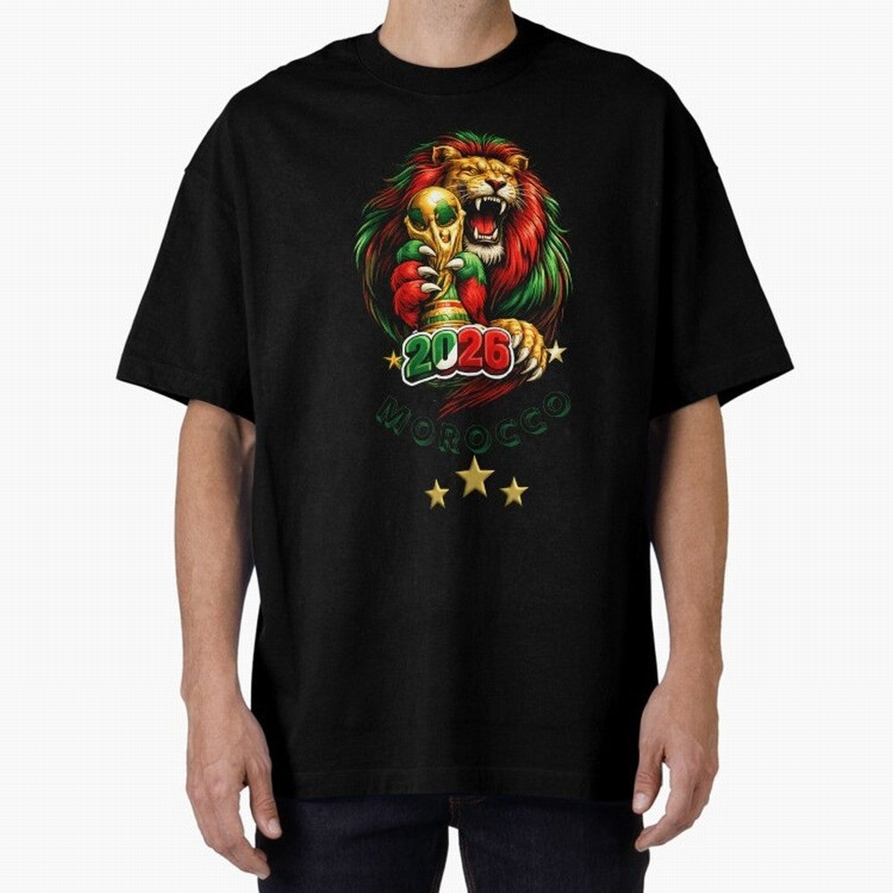 Moroccan Lion World Cup 2026 Design Oversized T-Shirt Show Your Tournament Heart for the FIFA World Cup 2026 Journey through Messi, Neymar and Mbappe Highlights, Argentina Pride, Championship Spirit, Famous Goals, Roaring Crowds and International