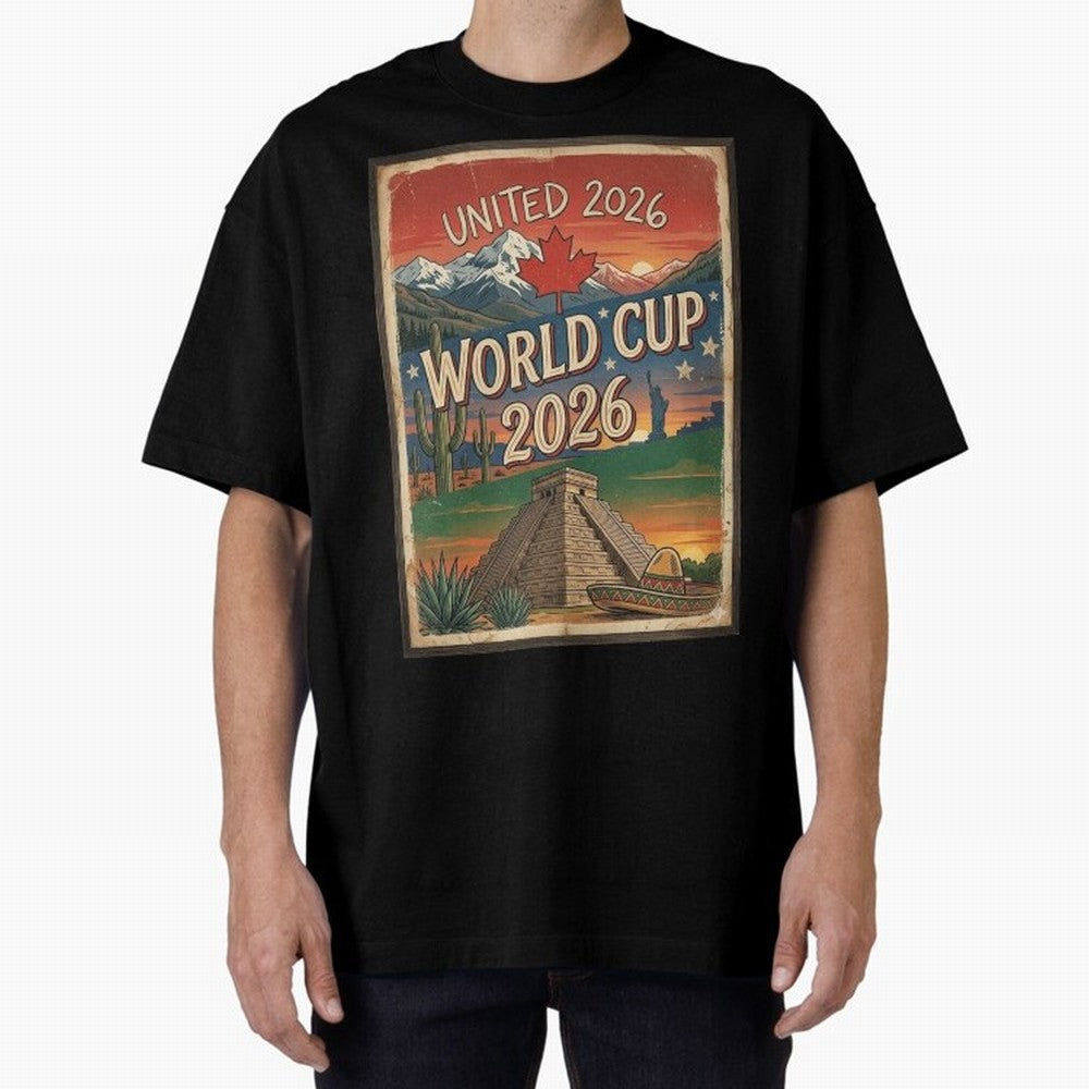 United 2026 World Cup ¨C Vintage North America Soccer Poster Oversized T-Shirt Show Championship Spirit for Match Day Hype around FIFA World Cup 2026 USA Canada Mexico, Messi, Neymar and Mbappe, England, Stadium Chants, National Pride, Trophy