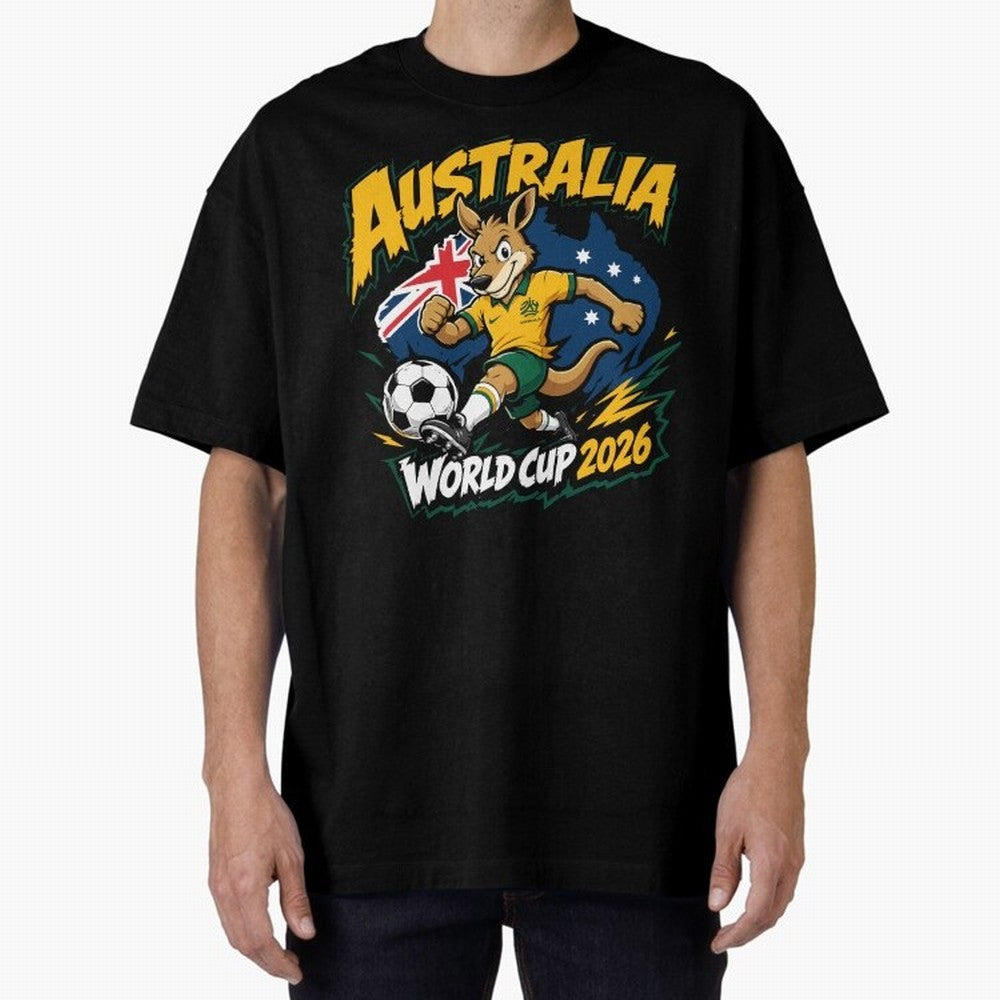 Australia World Cup 2026 Kangaroo Soccer Fan Art Oversized T-Shirt Celebrate Unforgettable Nights in Match Day Hype around FIFA World Cup 2026 Group Stage, Cristiano Ronaldo, Haaland and CR7, England, France and Netherlands, Classic Soccer
