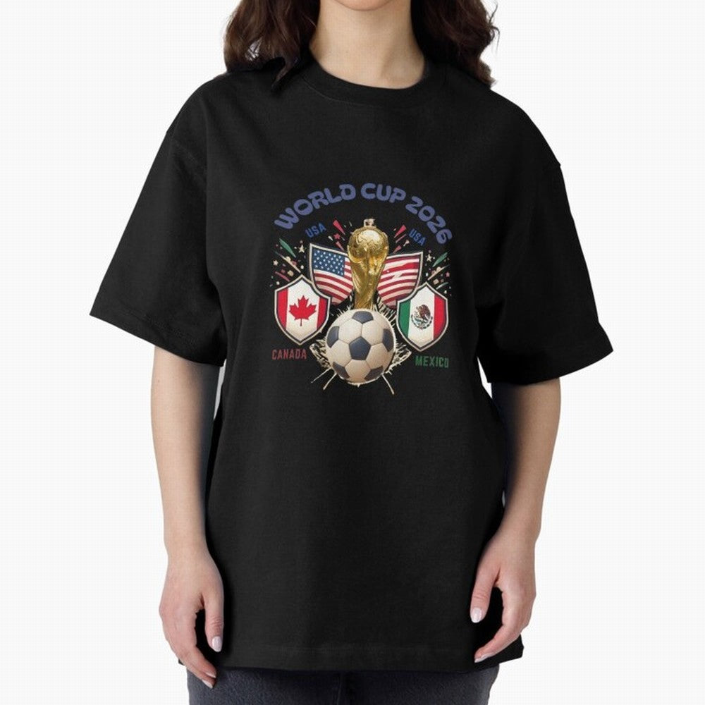 World Cup 2026 Host Nations Crest Oversized T-Shirt Remember Iconic Moments from FIFA World Cup 2026 Spirit, Connected to Spain, Cristiano Ronaldo, Vintage Soccer Flavor, Modern Football Stars, National Flags and Final Night Emotion; Created for