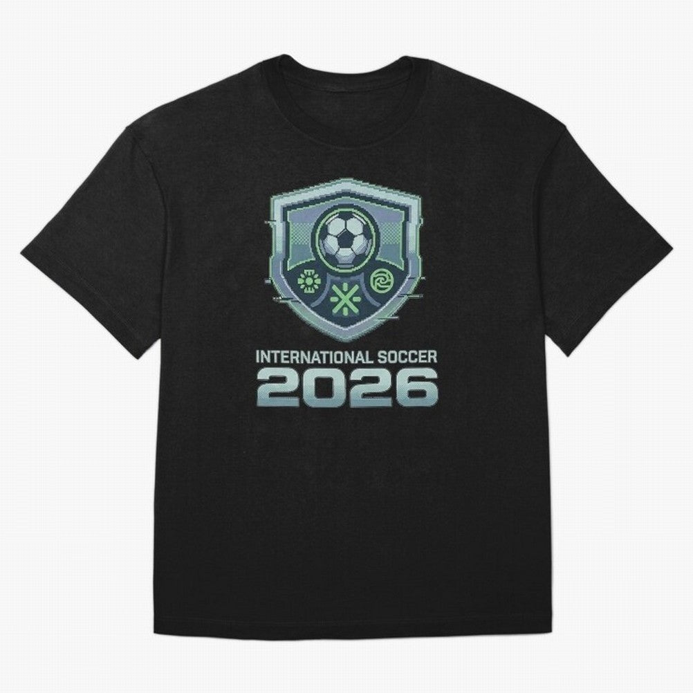 International Soccer 2026 Retro Pixel Glitch Crest Oversized T-Shirt Celebrate Match Day Hype around FIFA World Cup 2026 Group Stage, Mbappe and Neymar, Portugal, Stadium Chants, National Pride, Trophy Dreams and Unforgettable Football Memories;