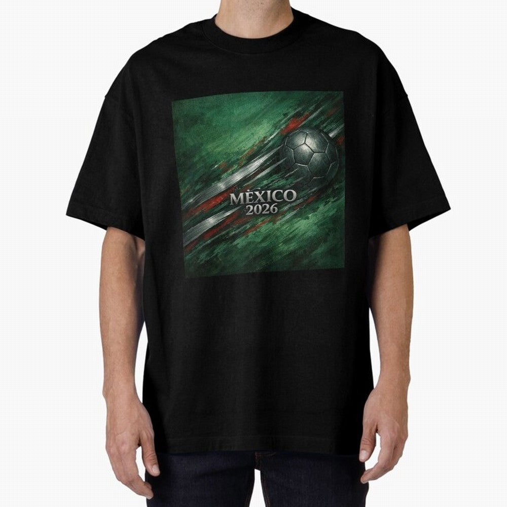 Mexico 2026 Football with Metallic Silver Line Oversized T-Shirt Cheer through Every Moment of Match Day Hype around FIFA World Cup 2026 USA Canada Mexico, CR7 and Messi, France and Portugal, Stadium Chants, National Pride, Trophy Dreams and