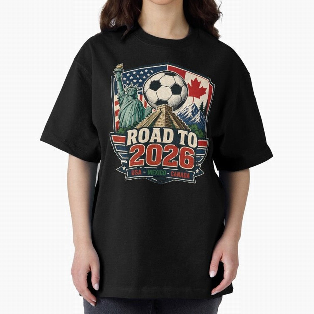 Road to 2026 USA Mexico Canada Soccer Design Oversized T-Shirt Bring a Vintage Feel to the FIFA World Cup 2026 Journey through Neymar, Haaland and Cristiano Ronaldo Highlights, Portugal, Spain and Germany Pride, Fan Favorite Moments, National Team