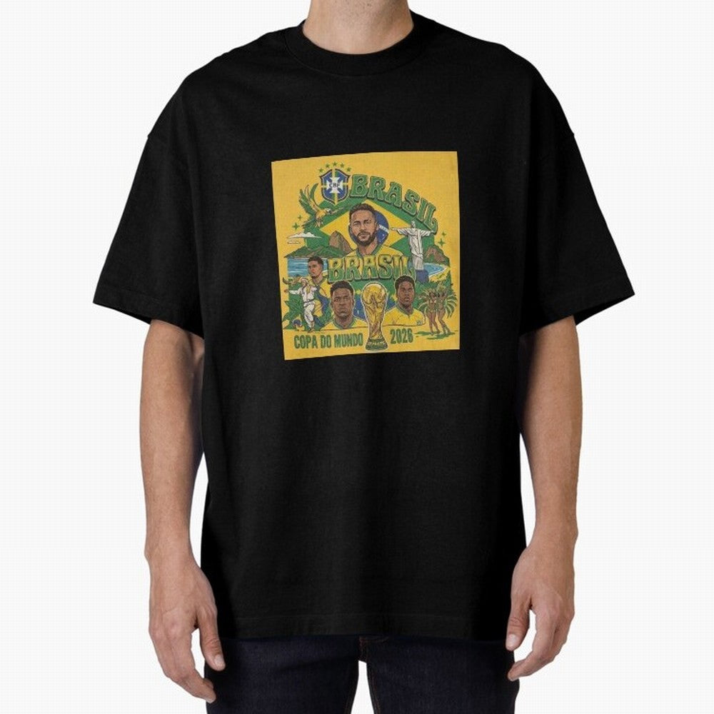 Brazil Football 2026 ¨C Retro World Cup Fan Art Oversized T-Shirt Bring a Vintage Feel to Global Football Passion for FIFA World Cup 2026 Group Stage, Centered on Mbappe and Neymar, Spain, Football Festival Excitement, Trophy Ambitions, Country