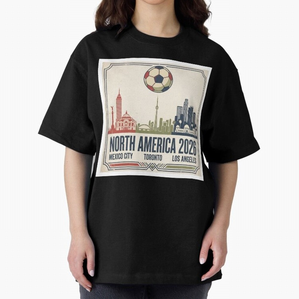 Retro North America 2026 Soccer Vintage Graphic Oversized T-Shirt Capture the FIFA World Cup 2026 USA Canada Mexico Journey through Mbappe Highlights, Portugal, Spain and Germany Pride, Championship Spirit, Famous Goals, Roaring Crowds and