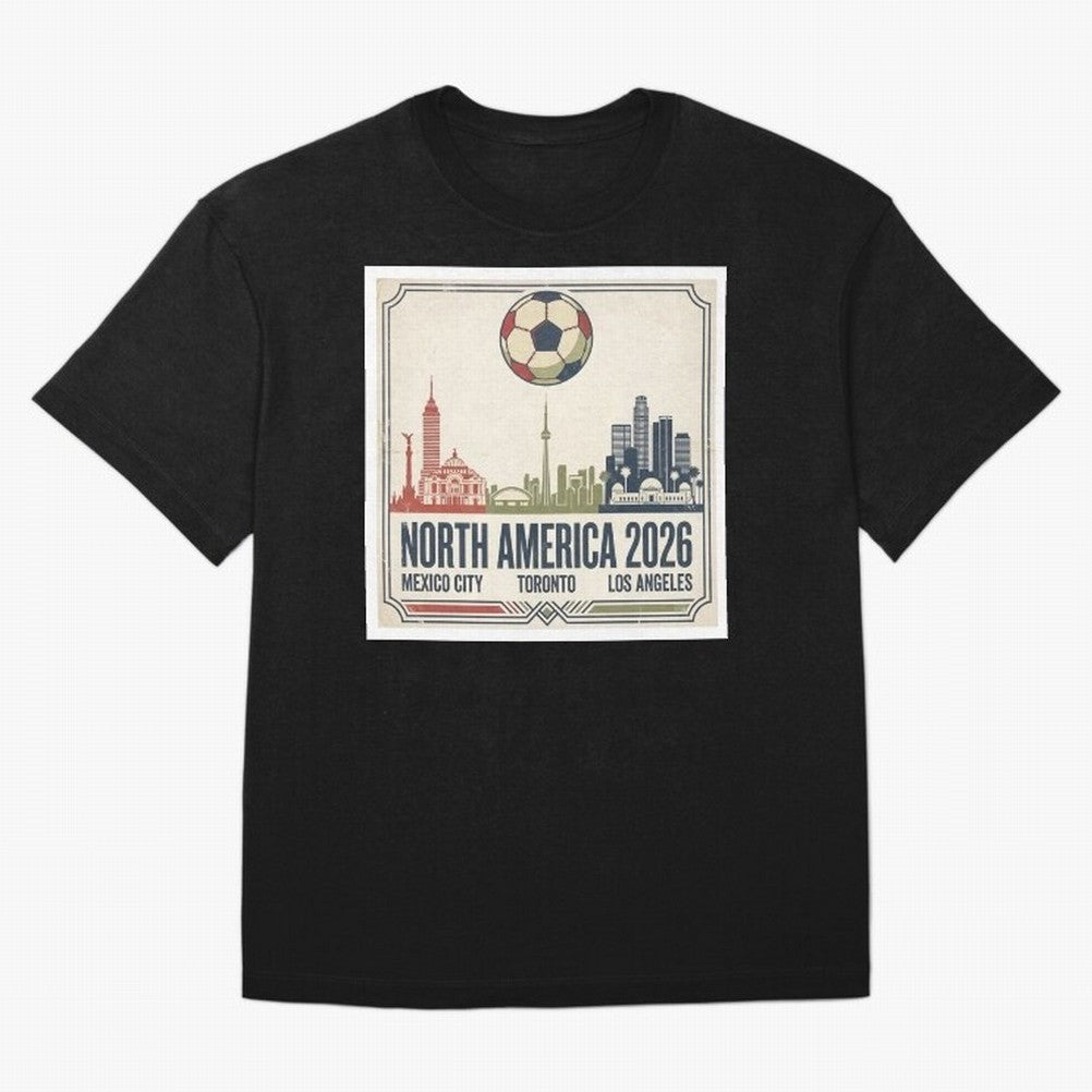 Retro North America 2026 Soccer Vintage Graphic Oversized T-Shirt Capture the FIFA World Cup 2026 USA Canada Mexico Journey through Mbappe Highlights, Portugal, Spain and Germany Pride, Championship Spirit, Famous Goals, Roaring Crowds and