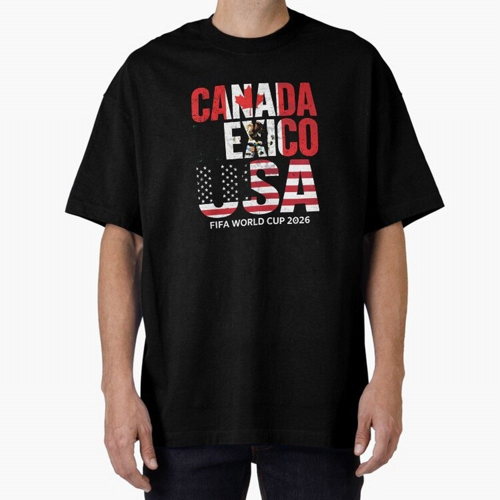 United 2026 World Cup - Canada, Mexico, USA Flags T-Shirt_83138002 Oversized T-Shirt Feel the Trophy Chase of Global Football Passion for FIFA World Cup 2026, Centered on Messi, Neymar and Mbappe, Brazil, Portugal and Argentina, Football Festival