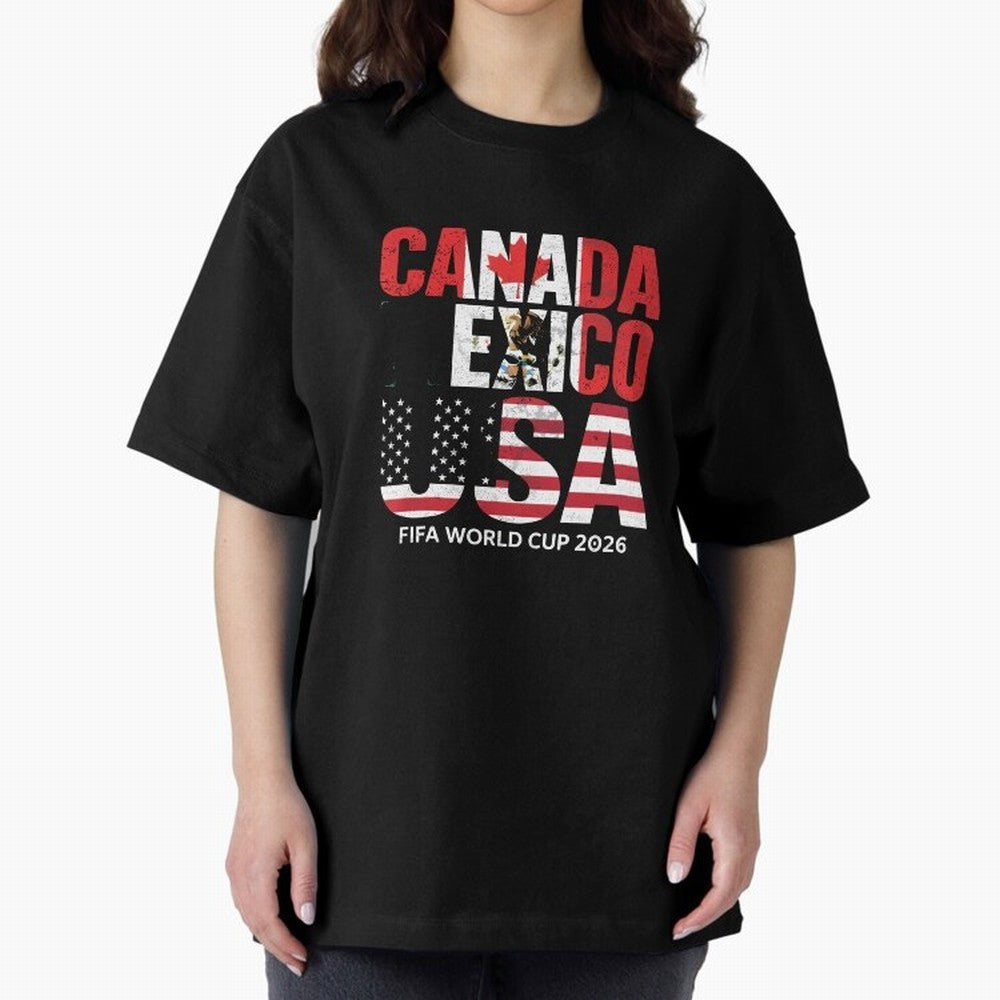 United 2026 World Cup - Canada, Mexico, USA Flags T-Shirt_83138002 Oversized T-Shirt Stand with Match Day Hype around FIFA World Cup 2026, Haaland and Mbappe, Brazil, Portugal and Argentina, Tournament Hype, Historic Matchups, Family Viewing