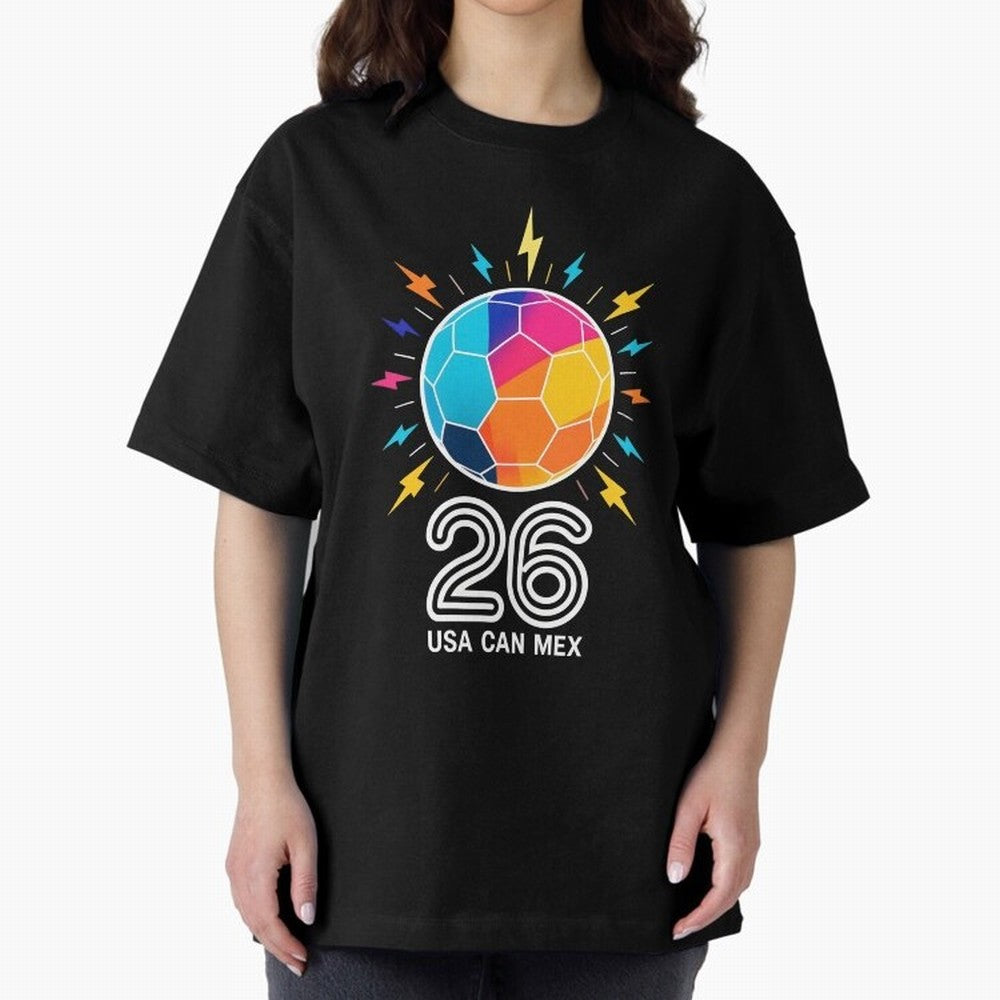 2026 Colorful Soccer Ball USA Canada Mexico 26 Oversized T-Shirt Create the FIFA World Cup 2026 Journey through Haaland Highlights, England and Germany Pride, Soccer Culture, Superstar Moments, National Team Dreams and Competitive Fire; Made for